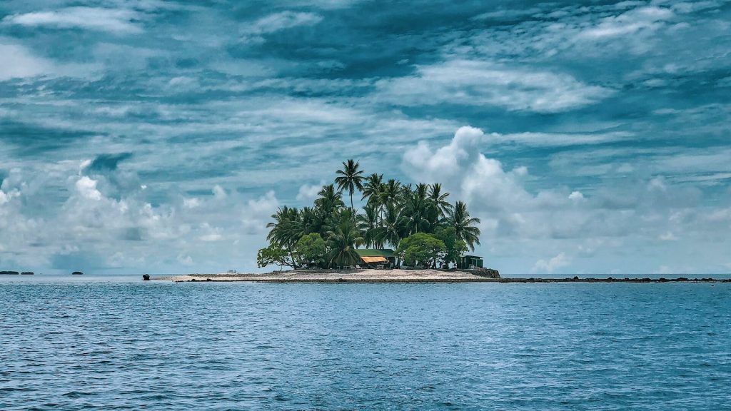 Île tropicale paradisiaque : Image sereine d'une île tropicale luxuriante avec des palmiers et des plages immaculées.